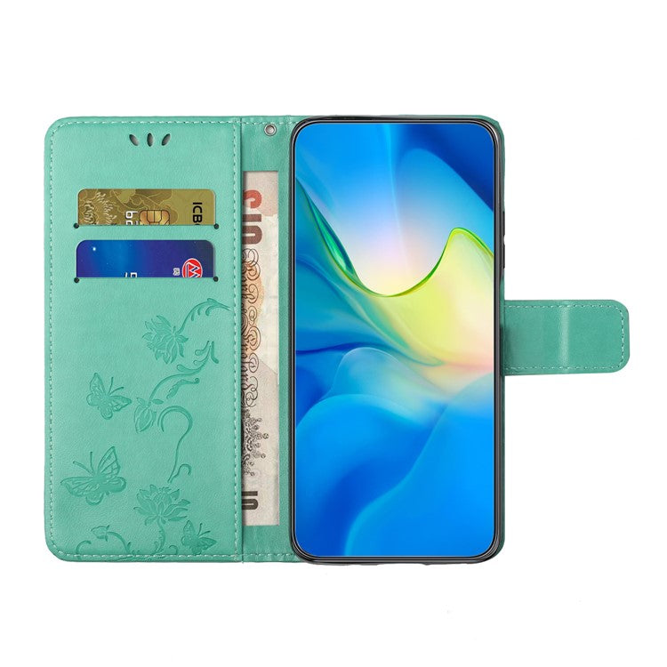 For Google Pixel 9a Case Wallet Stand Imprinted Butterfly Flower PU Leather Phone Cover - Cyan