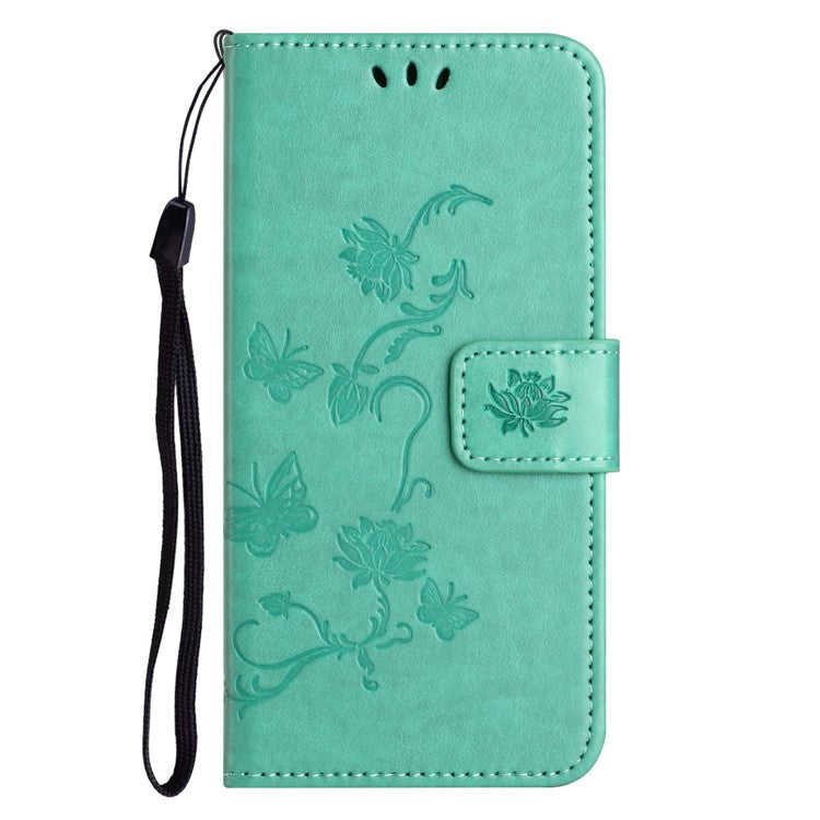 For Google Pixel 9a Case Wallet Stand Imprinted Butterfly Flower PU Leather Phone Cover - Cyan