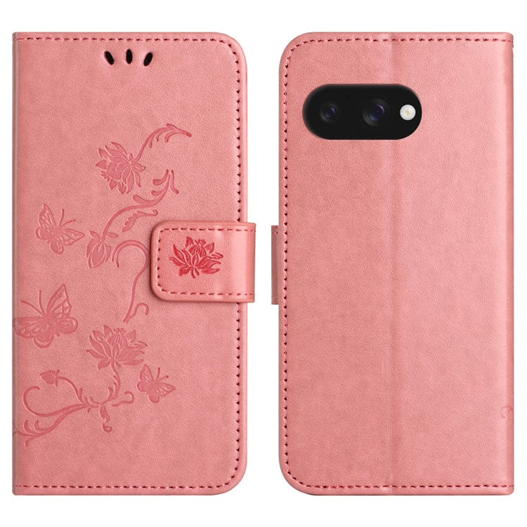 For Google Pixel 9a Case Wallet Stand Imprinted Butterfly Flower PU Leather Phone Cover - Pink