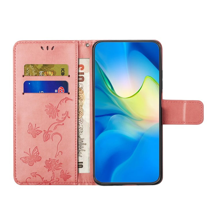 For Google Pixel 9a Case Wallet Stand Imprinted Butterfly Flower PU Leather Phone Cover - Pink