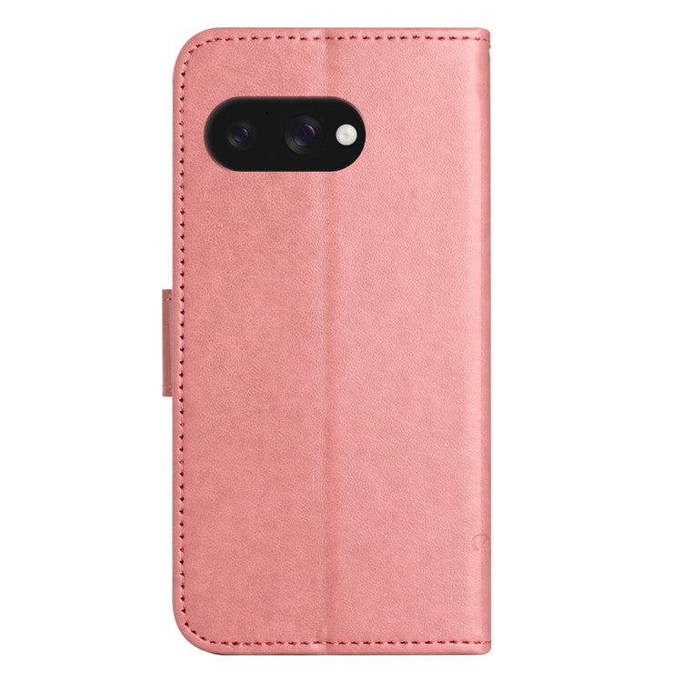 For Google Pixel 9a Case Wallet Stand Imprinted Butterfly Flower PU Leather Phone Cover - Pink