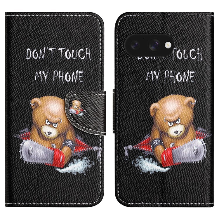 For Google Pixel 9a Leather Case Pattern Printing Cross Texture Phone Cover - Bear