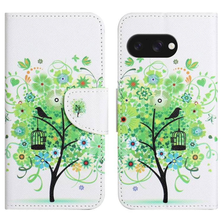 For Google Pixel 9a Leather Case Pattern Printing Cross Texture Phone Cover - Green Tree