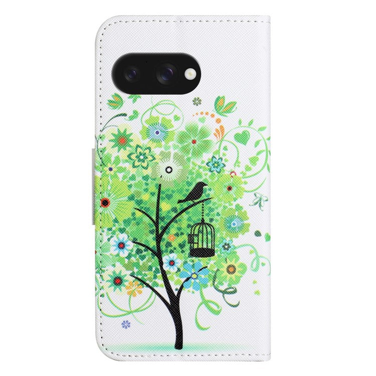 For Google Pixel 9a Leather Case Pattern Printing Cross Texture Phone Cover - Green Tree