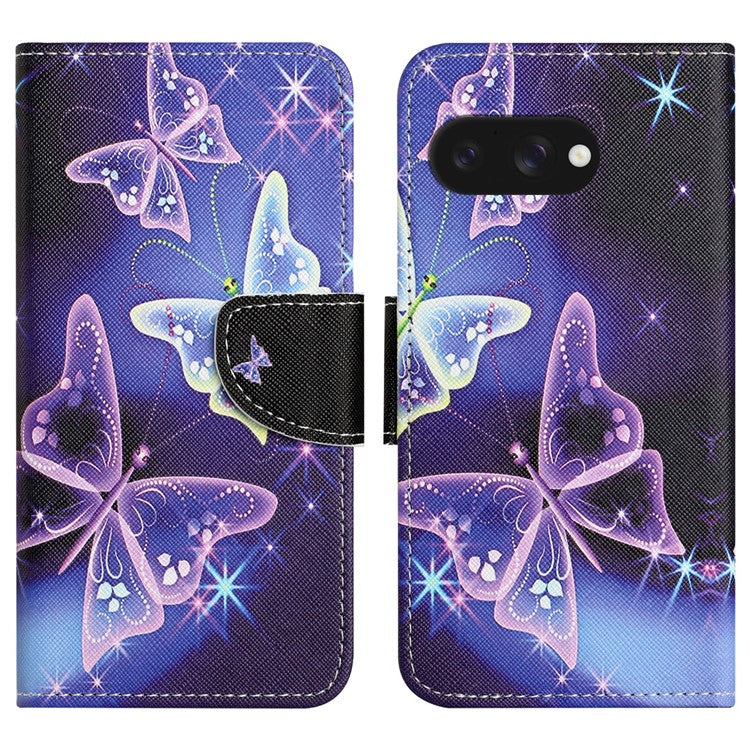 For Google Pixel 9a Leather Case Pattern Printing Cross Texture Phone Cover - Sparkling Butterfly