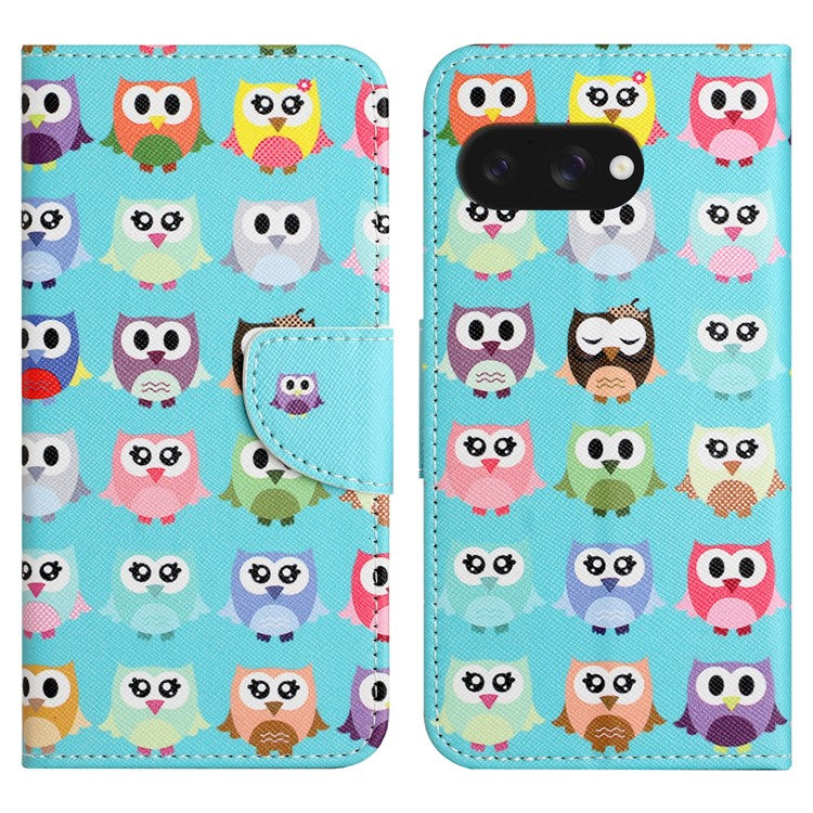 For Google Pixel 9a Leather Case Pattern Printing Cross Texture Phone Cover - Owls