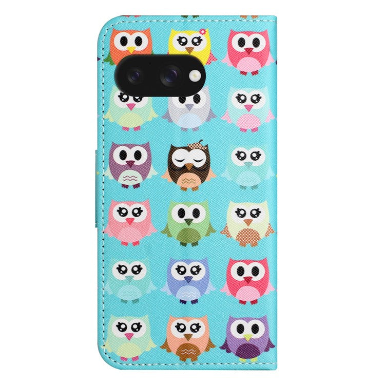 For Google Pixel 9a Leather Case Pattern Printing Cross Texture Phone Cover - Owls