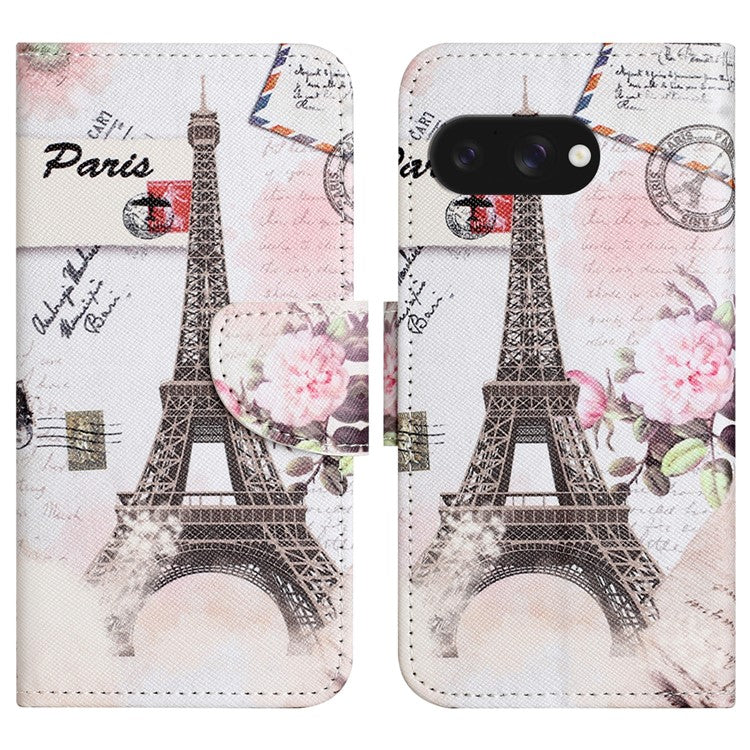 For Google Pixel 9a Leather Case Pattern Printing Cross Texture Phone Cover - Tower