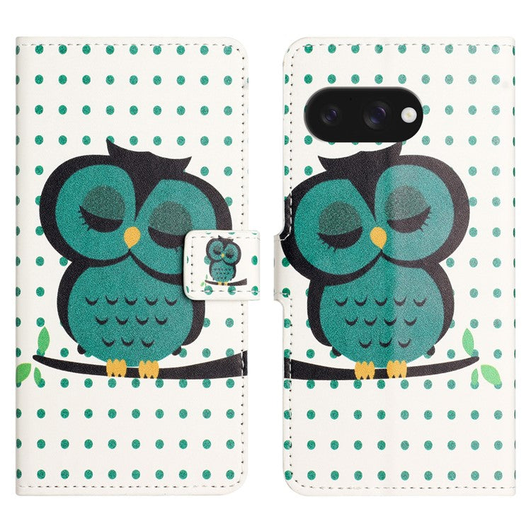 For Google Pixel 9a Case Pattern Print PU Leather Wallet Phone Cover - Dots Owl