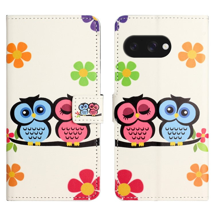 For Google Pixel 9a Case Pattern Print PU Leather Wallet Phone Cover - Couple Owls