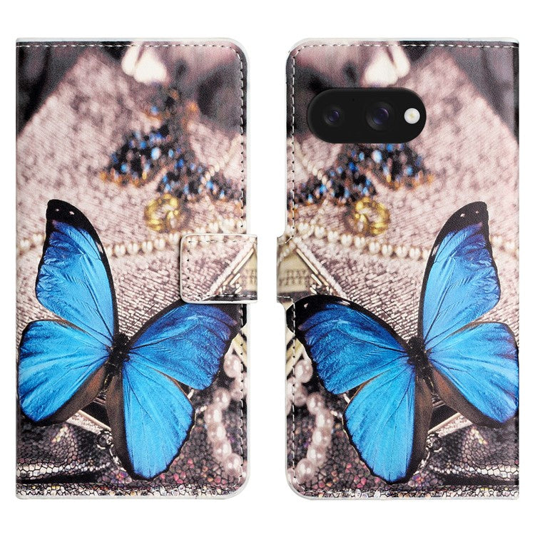 For Google Pixel 9a Case Pattern Print PU Leather Wallet Phone Cover - Blue Butterfly