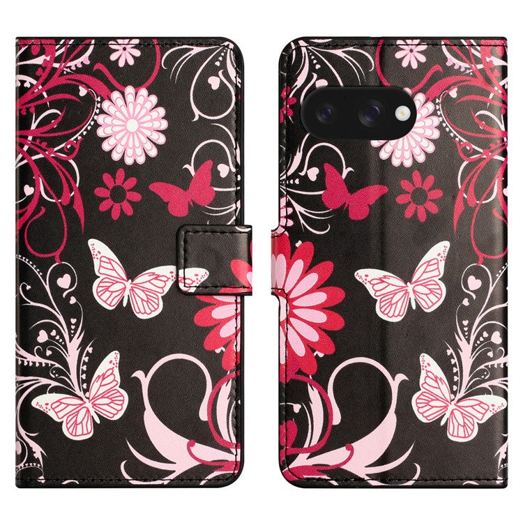 For Google Pixel 9a Case Pattern Print PU Leather Wallet Phone Cover - Black Butterfly