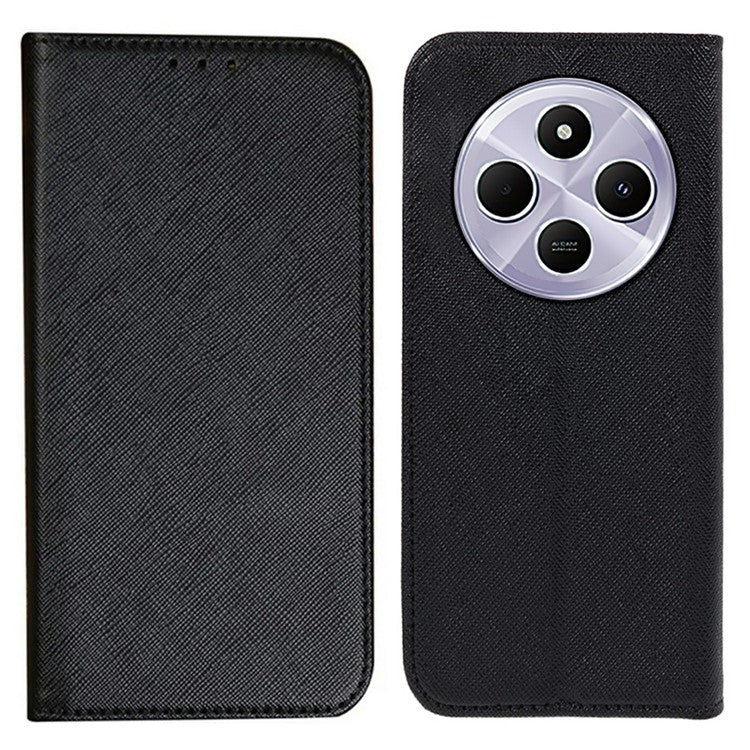 For Xiaomi Poco C75 4G / Redmi 14R 5G / 14C 4G Case Cross Texture Leather Phone Cover Hidden Magnetic - Black