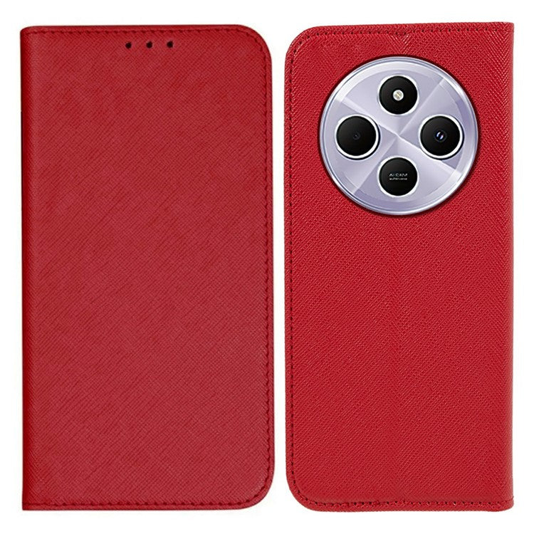 For Xiaomi Poco C75 4G / Redmi 14R 5G / 14C 4G Case Cross Texture Leather Phone Cover Hidden Magnetic - Red