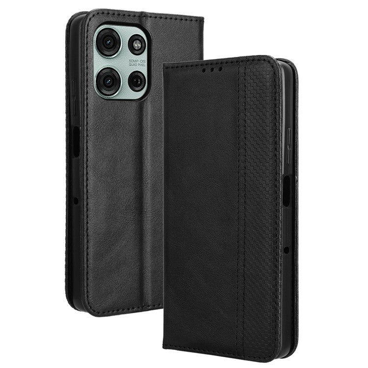 For Motorola Moto G75 5G Leather Case Wallet Stand Retro Texture Phone Cover - Black