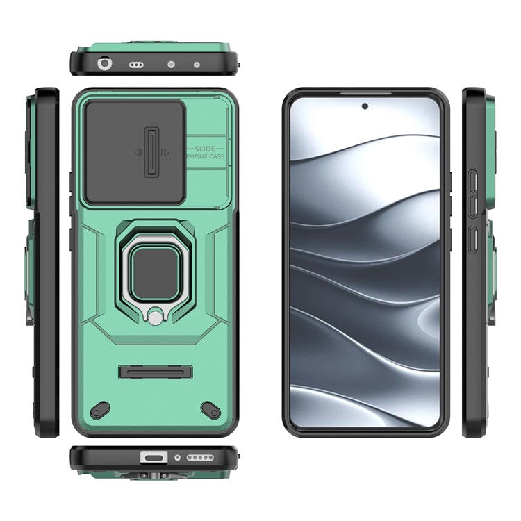 For Xiaomi Redmi Note 14 5G / 14 4G Case PC+TPU Kickstand Phone Protector with Lens Cover - Green