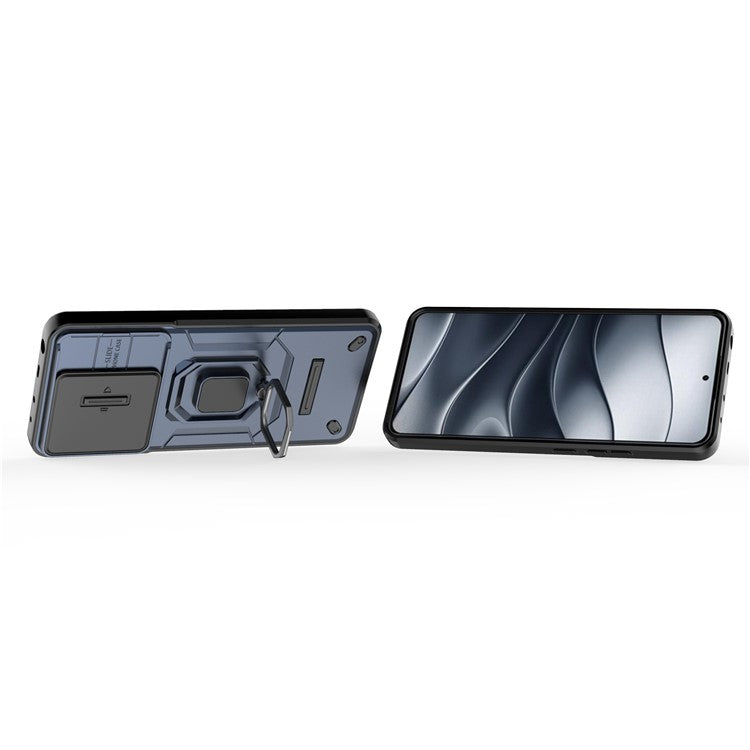 For Xiaomi Redmi Note 14 5G / 14 4G Case PC+TPU Kickstand Phone Protector with Lens Cover - Black