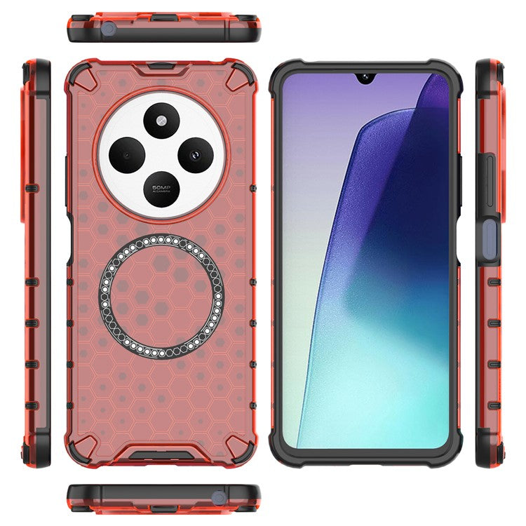 For Xiaomi Poco C75 4G / Redmi 14R 5G / 14C 4G Case Compatible with MagSafe Honeycomb Design TPU+PC Phone Cover - Red