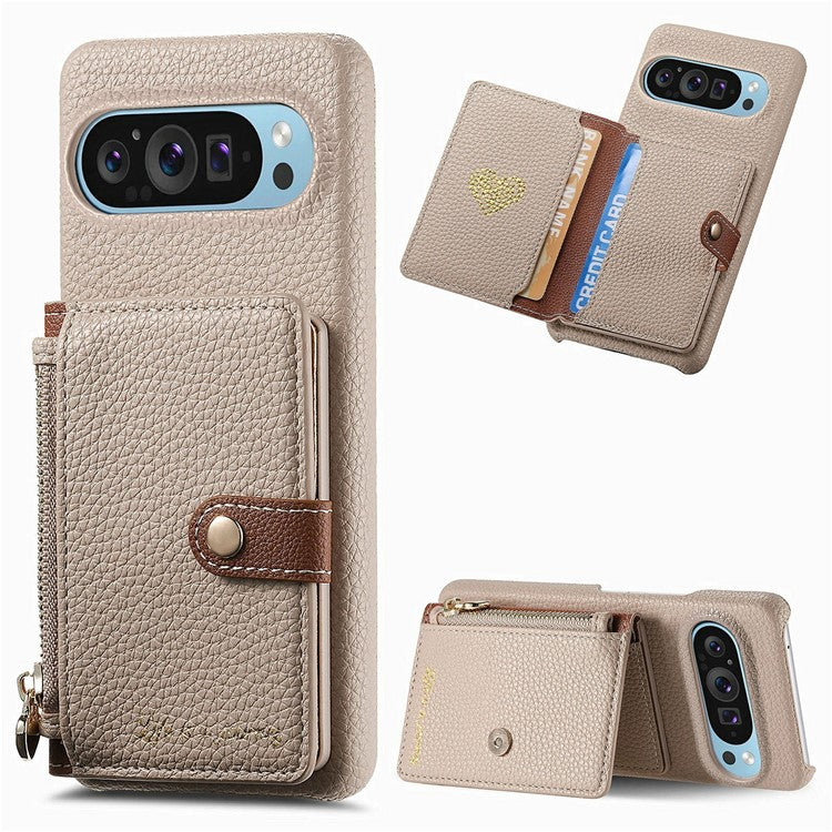 Y4 For Google Pixel 9 Pro XL Case Zipper Pocket Leather Phone Back Cover Card Holder Kickstand - Khaki