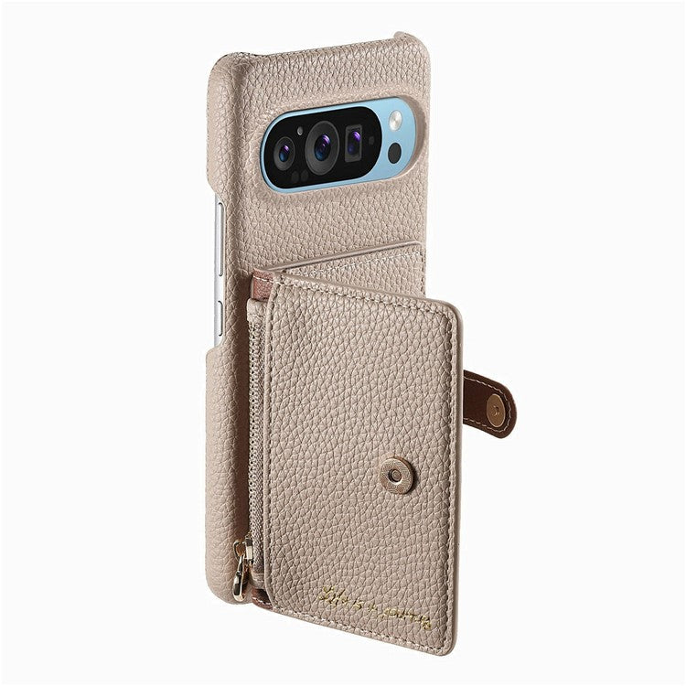 Y4 For Google Pixel 9 Pro XL Case Zipper Pocket Leather Phone Back Cover Card Holder Kickstand - Khaki