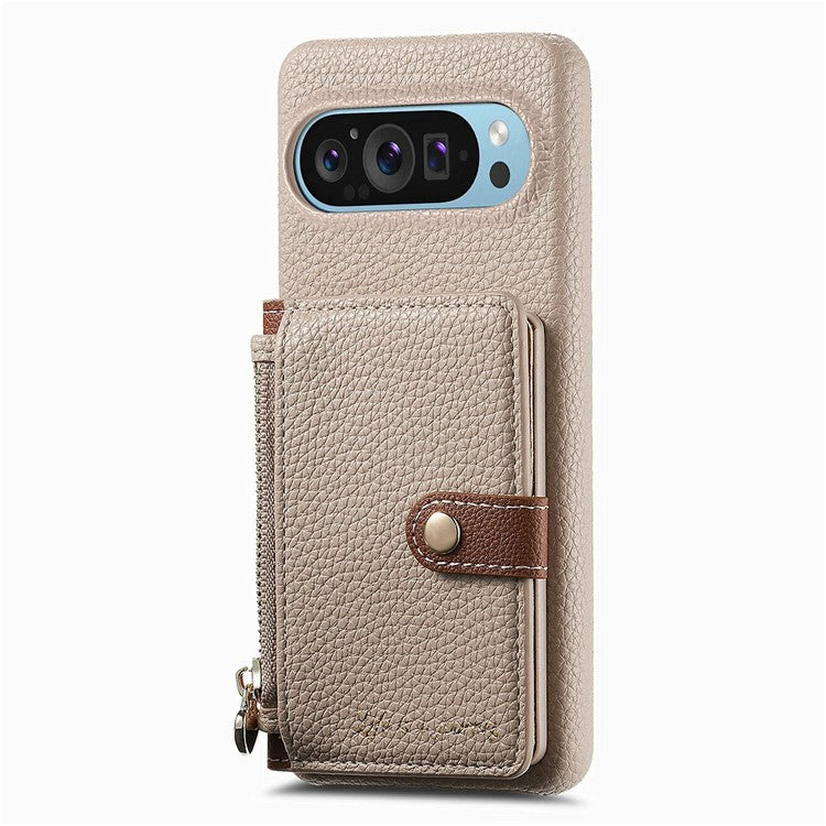 Y4 For Google Pixel 9 Pro XL Case Zipper Pocket Leather Phone Back Cover Card Holder Kickstand - Khaki