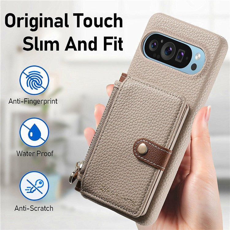 Y4 For Google Pixel 9 Pro XL Case Zipper Pocket Leather Phone Back Cover Card Holder Kickstand - Khaki