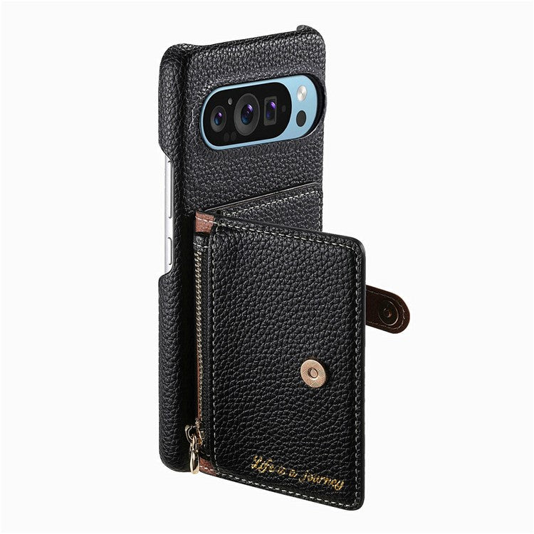 Y4 For Google Pixel 9 Pro XL Case Zipper Pocket Leather Phone Back Cover Card Holder Kickstand - Black