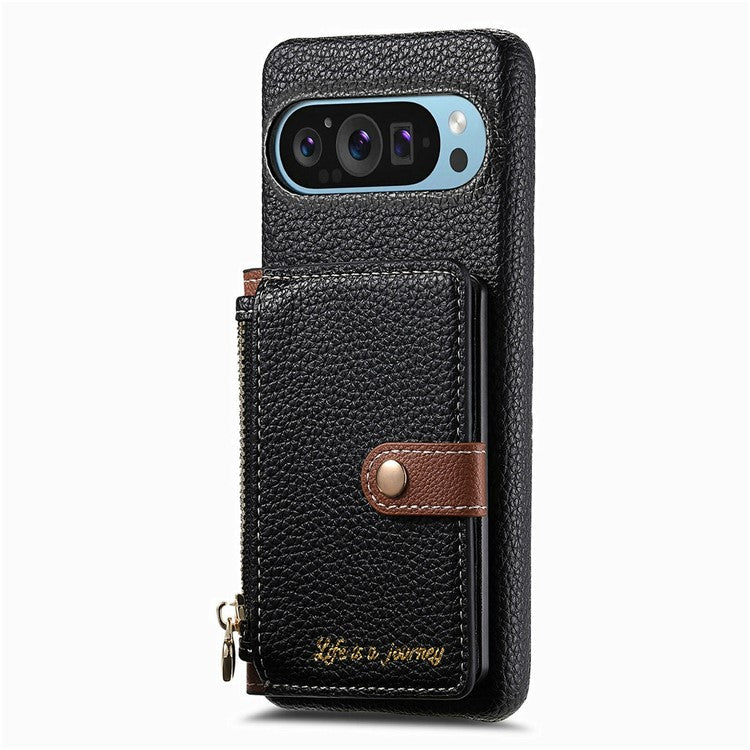 Y4 For Google Pixel 9 Pro XL Case Zipper Pocket Leather Phone Back Cover Card Holder Kickstand - Black