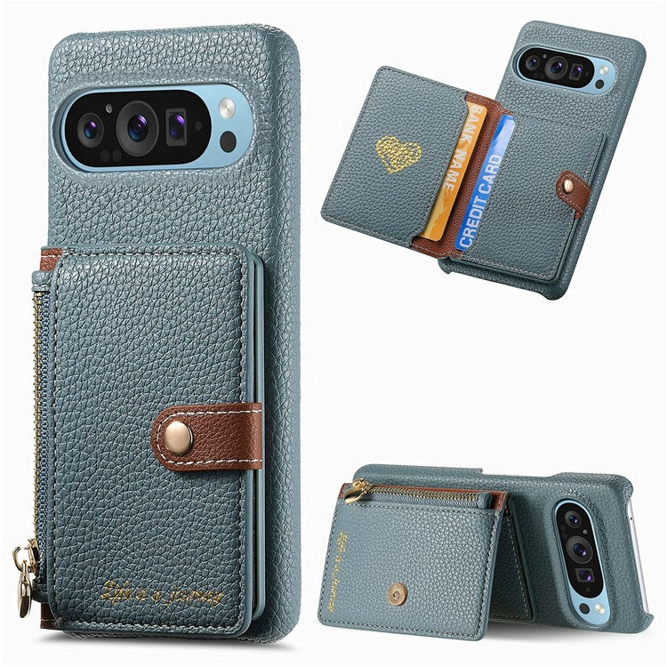 Y4 For Google Pixel 9 Pro XL Case Zipper Pocket Leather Phone Back Cover Card Holder Kickstand - Blue