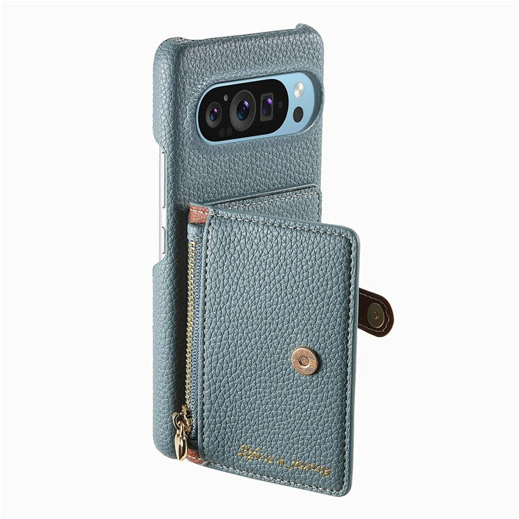 Y4 For Google Pixel 9 Pro XL Case Zipper Pocket Leather Phone Back Cover Card Holder Kickstand - Blue