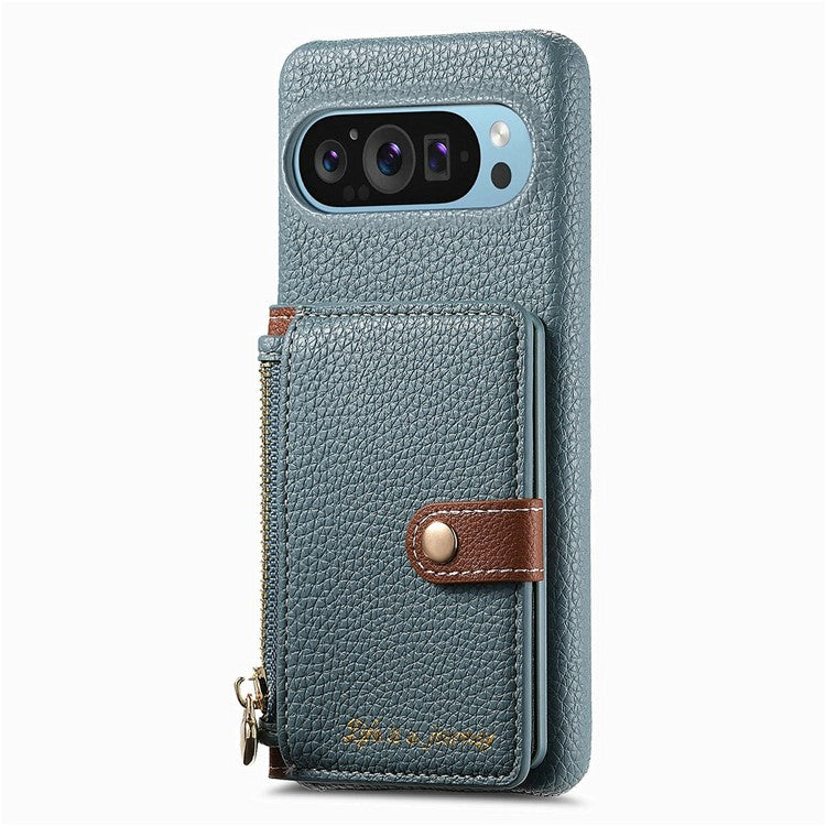 Y4 For Google Pixel 9 Pro XL Case Zipper Pocket Leather Phone Back Cover Card Holder Kickstand - Blue