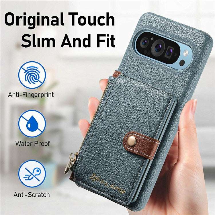 Y4 For Google Pixel 9 Pro XL Case Zipper Pocket Leather Phone Back Cover Card Holder Kickstand - Blue