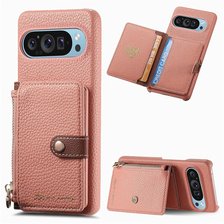 Y4 For Google Pixel 9 Pro XL Case Zipper Pocket Leather Phone Back Cover Card Holder Kickstand - Pink