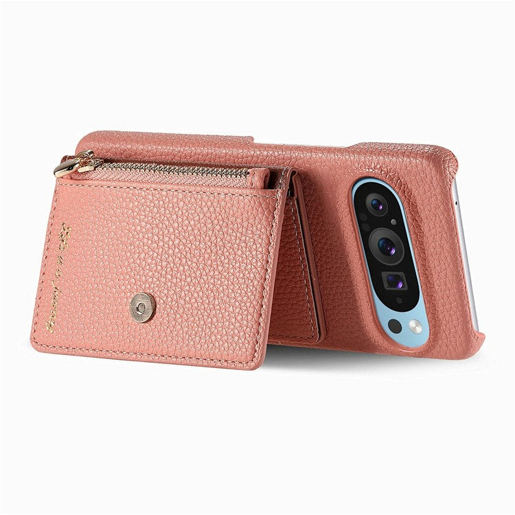 Y4 For Google Pixel 9 Pro XL Case Zipper Pocket Leather Phone Back Cover Card Holder Kickstand - Pink