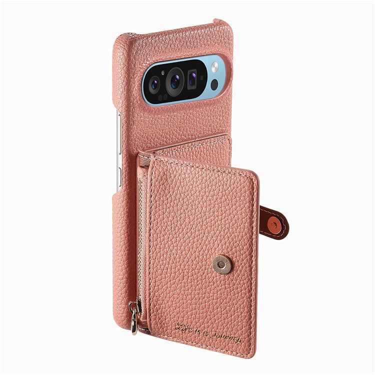 Y4 For Google Pixel 9 Pro XL Case Zipper Pocket Leather Phone Back Cover Card Holder Kickstand - Pink