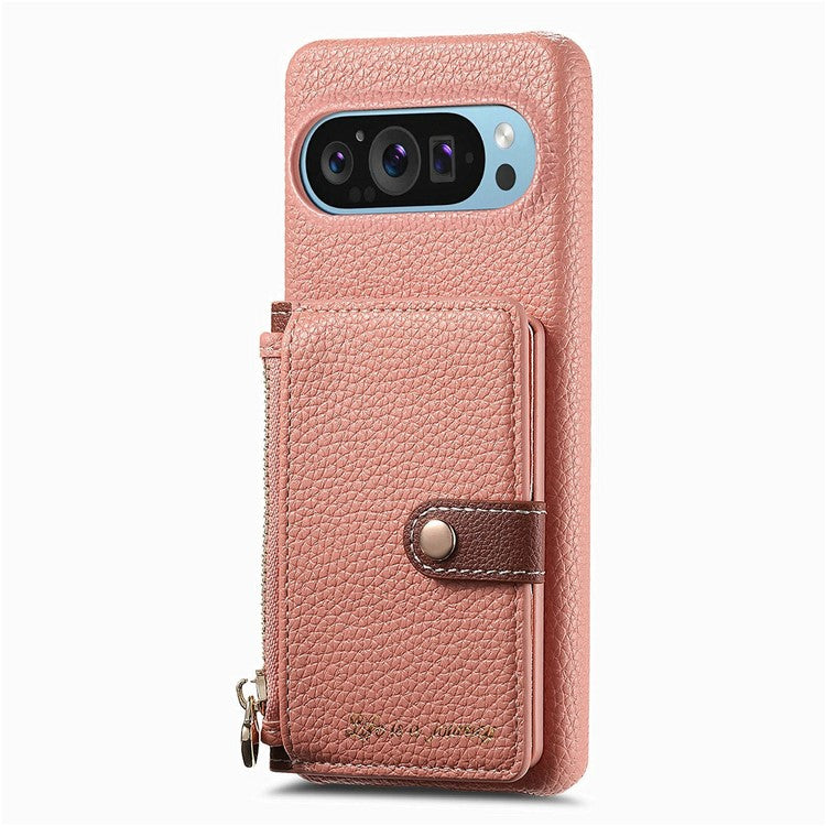 Y4 For Google Pixel 9 Pro XL Case Zipper Pocket Leather Phone Back Cover Card Holder Kickstand - Pink