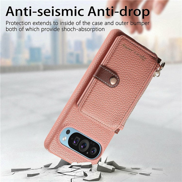 Y4 For Google Pixel 9 Pro XL Case Zipper Pocket Leather Phone Back Cover Card Holder Kickstand - Pink