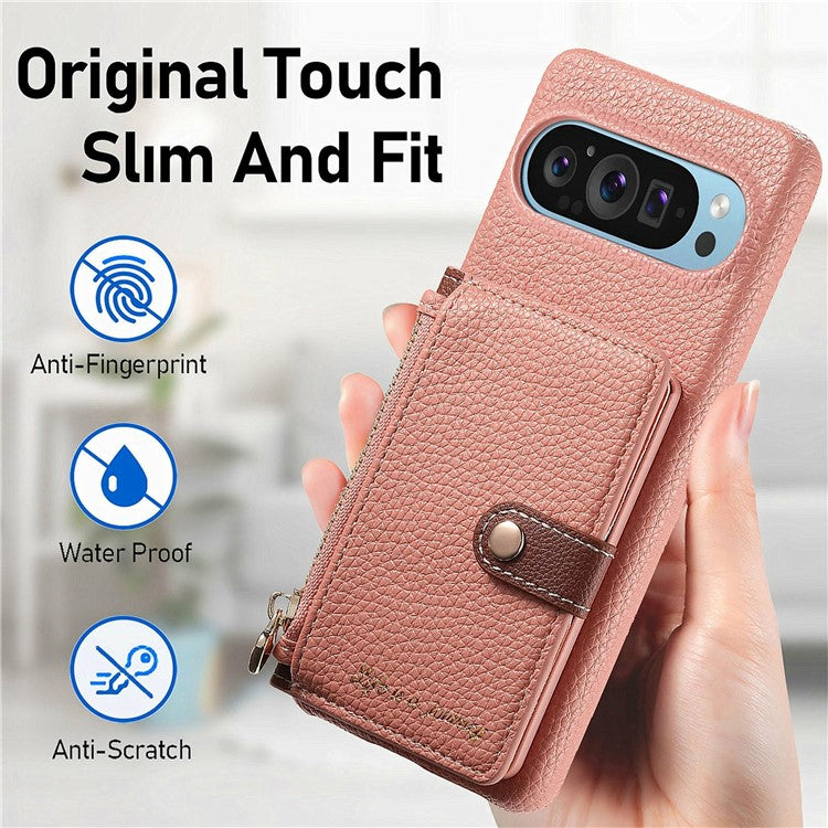 Y4 For Google Pixel 9 Pro XL Case Zipper Pocket Leather Phone Back Cover Card Holder Kickstand - Pink