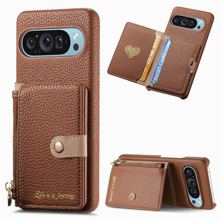 Y4 For Google Pixel 9 Pro XL Case Zipper Pocket Leather Phone Back Cover Card Holder Kickstand - Brown