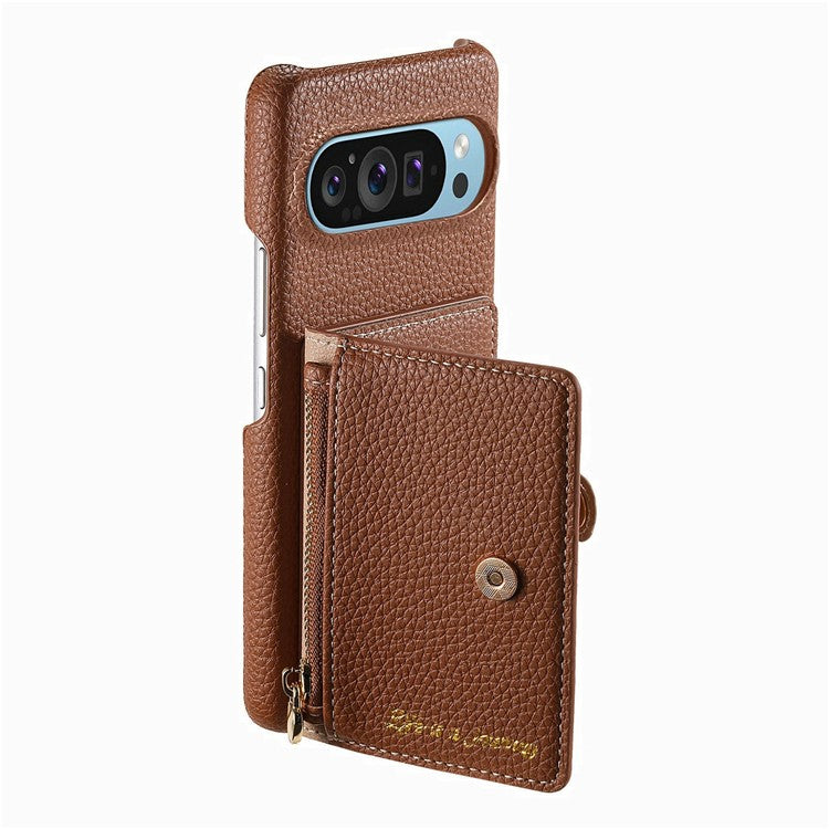 Y4 For Google Pixel 9 Pro XL Case Zipper Pocket Leather Phone Back Cover Card Holder Kickstand - Brown