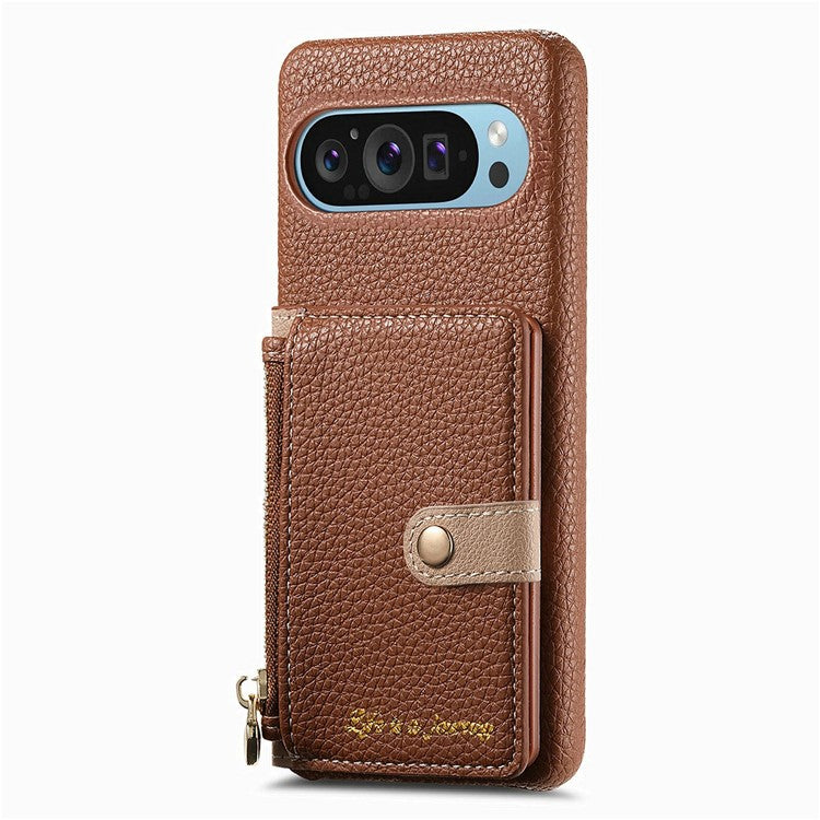 Y4 For Google Pixel 9 Pro XL Case Zipper Pocket Leather Phone Back Cover Card Holder Kickstand - Brown