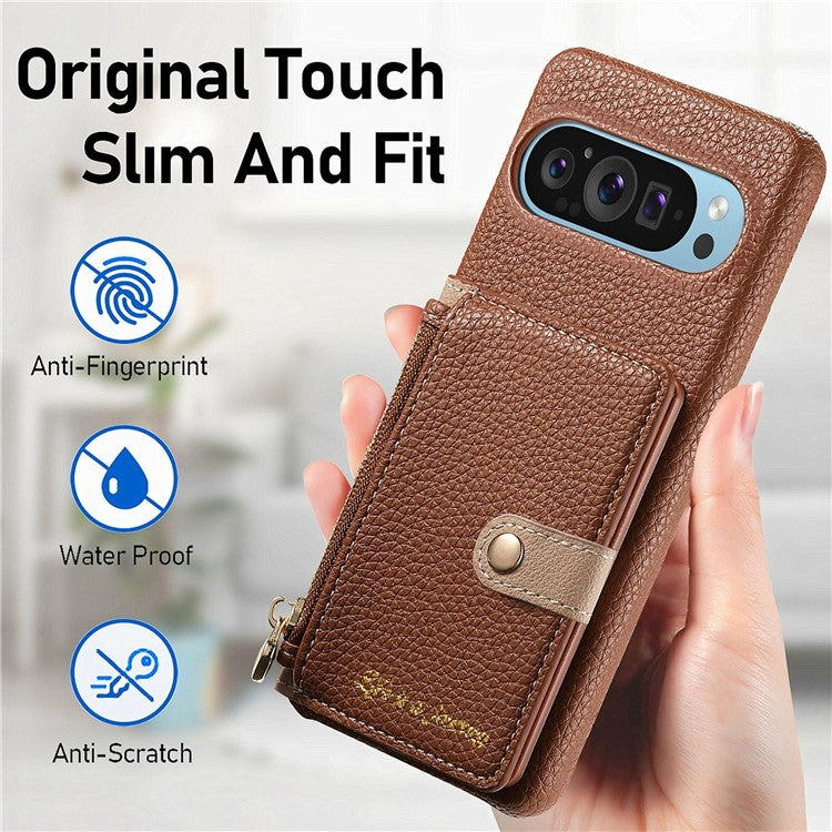 Y4 For Google Pixel 9 Pro XL Case Zipper Pocket Leather Phone Back Cover Card Holder Kickstand - Brown