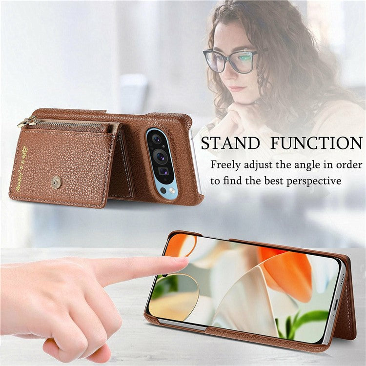 Y4 For Google Pixel 9 Pro XL Case Zipper Pocket Leather Phone Back Cover Card Holder Kickstand - Brown