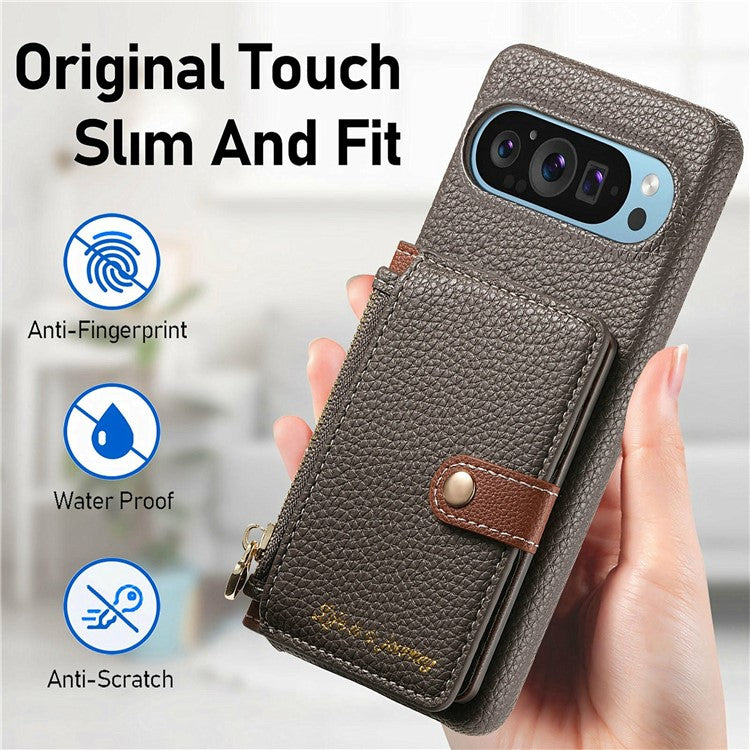 Y4 For Google Pixel 9 Pro XL Case Zipper Pocket Leather Phone Back Cover Card Holder Kickstand - Grey