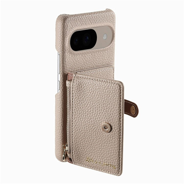 Y4 For Google Pixel 9 Pro  /  Pixel 9 Case Zipper Pocket Leather Phone Back Cover Card Holder Kickstand - Khaki