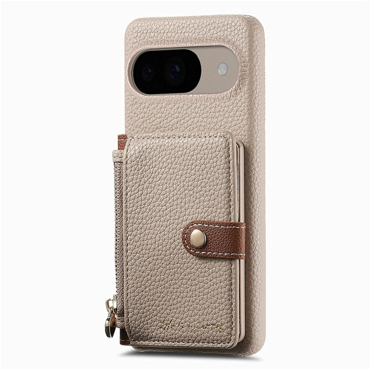 Y4 For Google Pixel 9 Pro  /  Pixel 9 Case Zipper Pocket Leather Phone Back Cover Card Holder Kickstand - Khaki