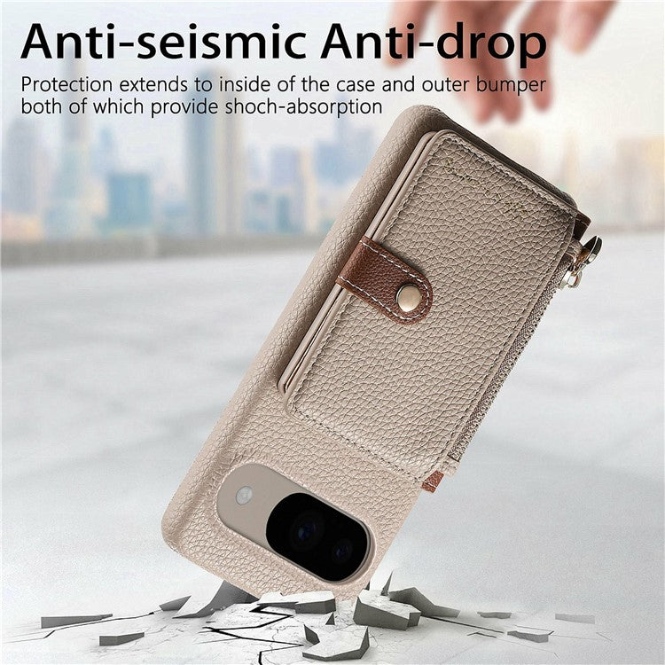 Y4 For Google Pixel 9 Pro  /  Pixel 9 Case Zipper Pocket Leather Phone Back Cover Card Holder Kickstand - Khaki