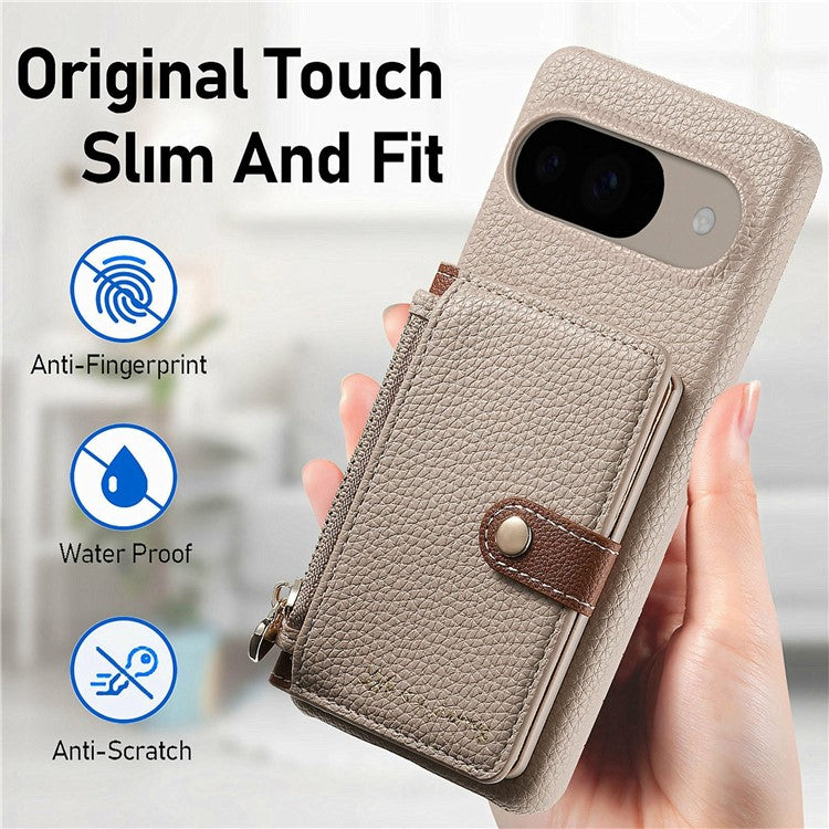 Y4 For Google Pixel 9 Pro  /  Pixel 9 Case Zipper Pocket Leather Phone Back Cover Card Holder Kickstand - Khaki