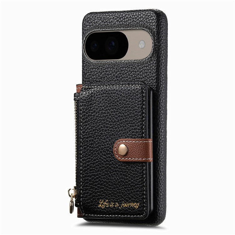 Y4 For Google Pixel 9 Pro  /  Pixel 9 Case Zipper Pocket Leather Phone Back Cover Card Holder Kickstand - Black