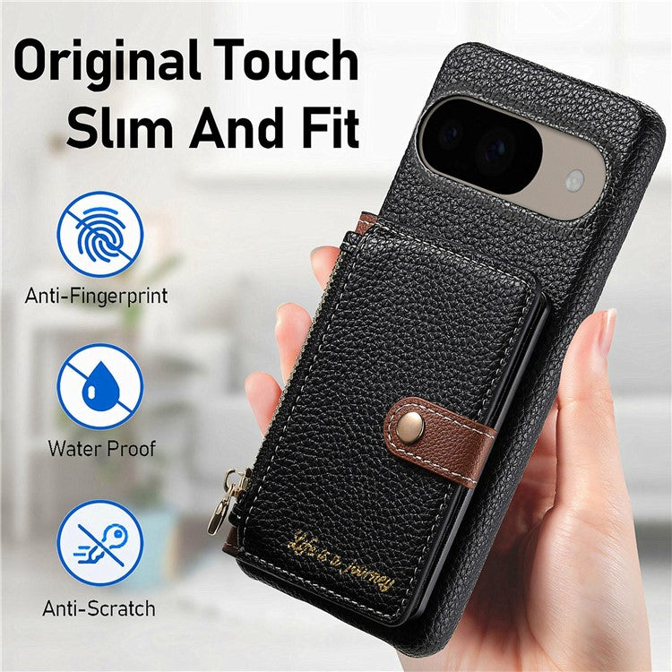 Y4 For Google Pixel 9 Pro  /  Pixel 9 Case Zipper Pocket Leather Phone Back Cover Card Holder Kickstand - Black